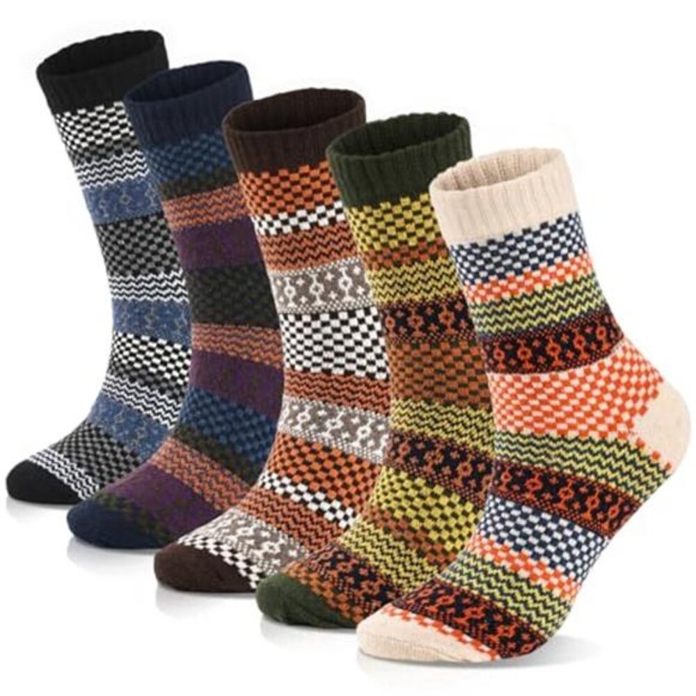 5-Pack Vintage Multicolor Ribbed Knit Wool Blend Crew Socks